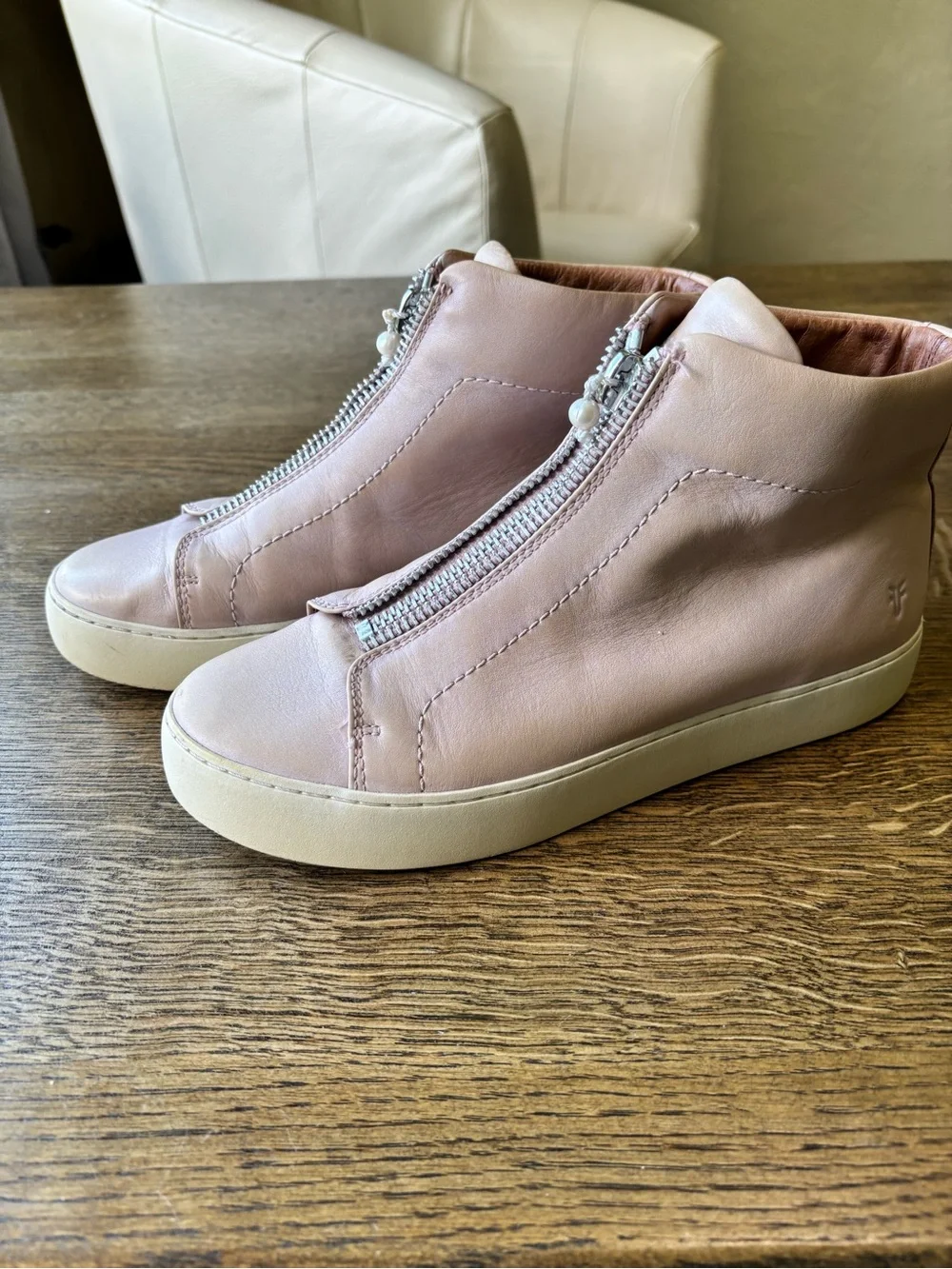 Frye Lena Zip High Top Sneakers Blush Pink Leather Pearl‎ Zip Women 8.5